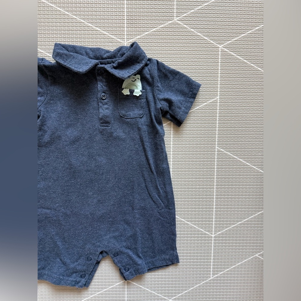 First impressions|Baby boy Navy Blue Polo summer Romper with frog Patch•••12M